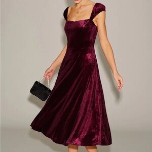 Red Velour Sweetheart Neck Midi Dress